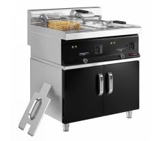 Dvojitá elektrická fritéza - 2×10 l - 28,5 kW - čierna - s vypúšťacím kohútikom - s podstavou s 2 dverami – EFK873H-10+10ND#GK866T